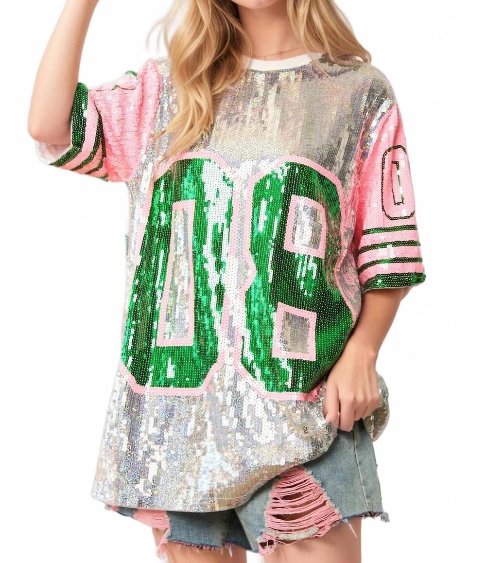 NEW DAVI & DANI game day sequin jersey top in grey/pink